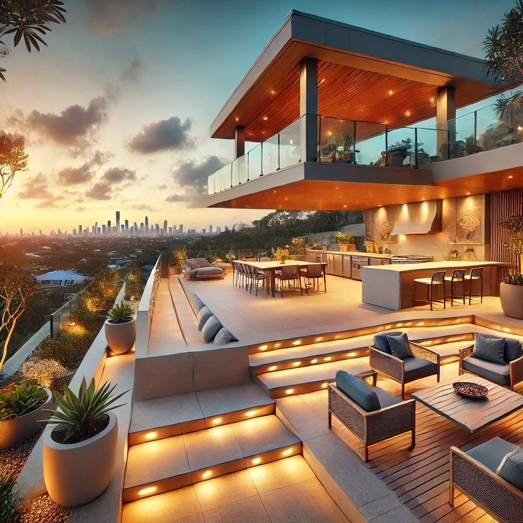 Elevated luxury patio on a Highland Park home with Gold Coast views