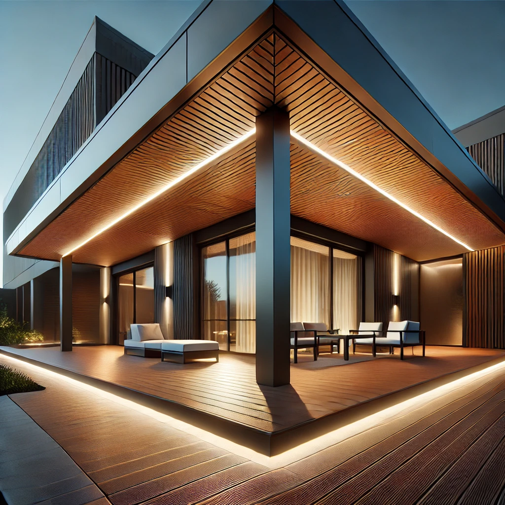Modern luxury patio with premium decking and roofing materials