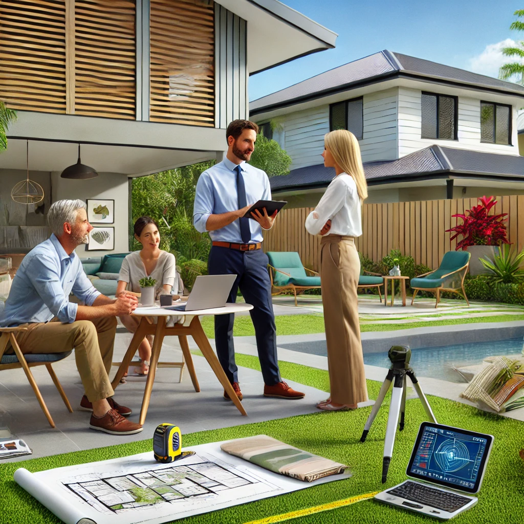 Professional consultation meeting at a modern Queensland-style home in Pacific Pines