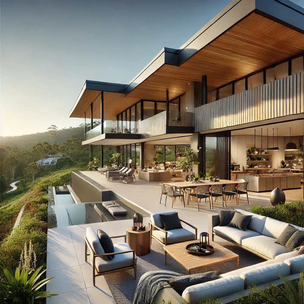 Modern Pacific Pines home with a custom outdoor patio living space
